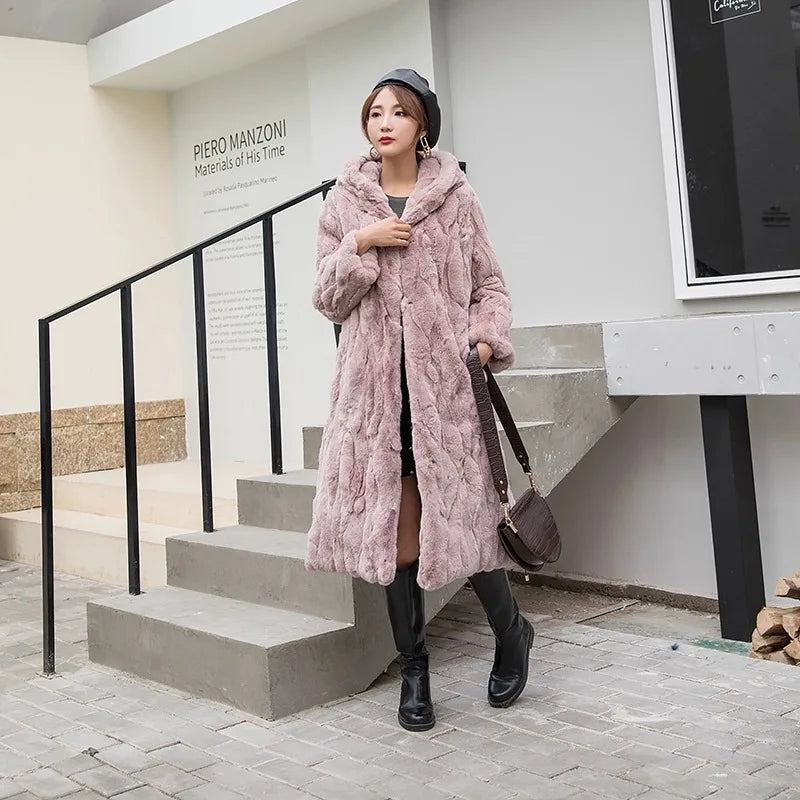 Abrigo Piel Conejo Mujer Capucha - Abrigo Real 110cm Largo Invierno