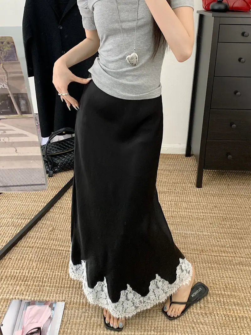 Falda Satén Mujer Larga Elegante - Falda Línea A Encaje Cintura Alta Verano
