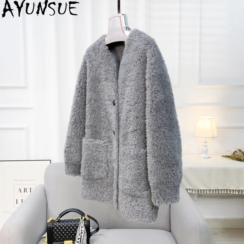 Chaqueta Lana Mujer Natural - Chaqueta Cordero Cuello V Media Largo 2025