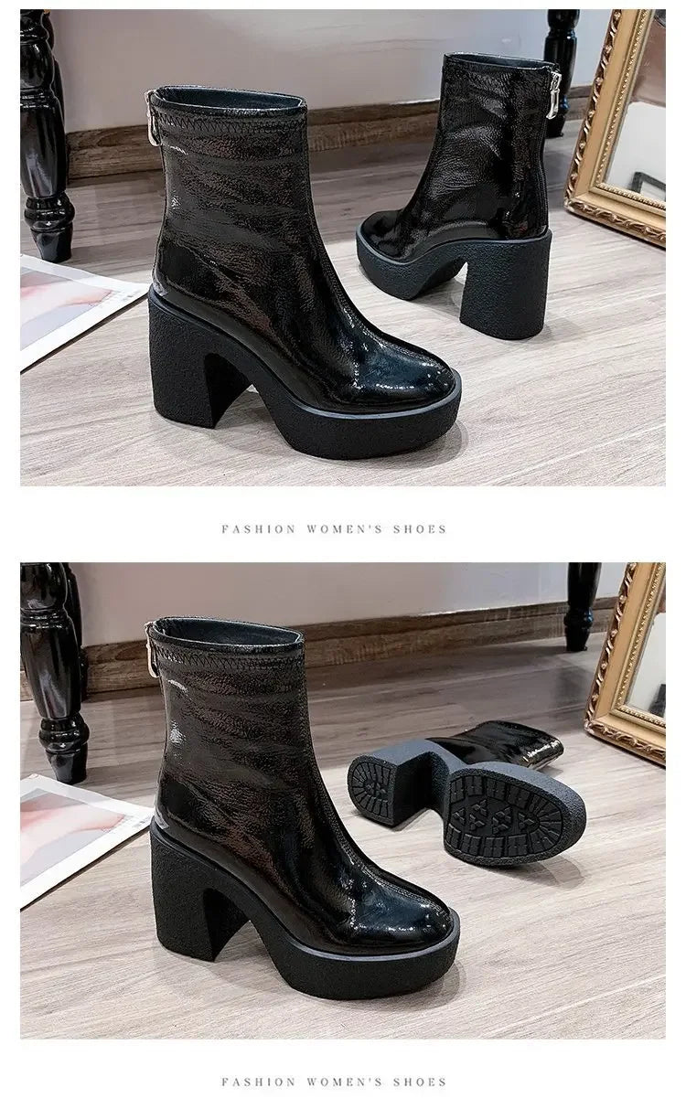 Botas Tobillo Mujer 2025 Plataforma - Cuero Tacón Alto Diseñador Goth
