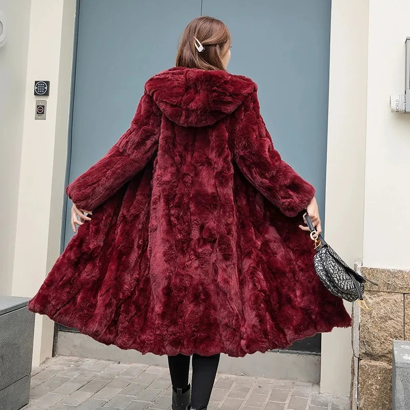 Abrigo Piel Conejo Mujer Capucha - Abrigo Real 110cm Largo Invierno