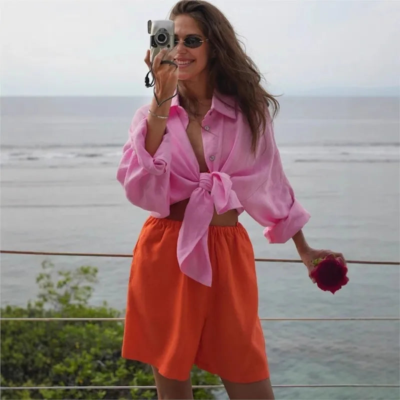 Camisa Mujer Verano Oficina - Blusa Manga Larga Solapa Elegante