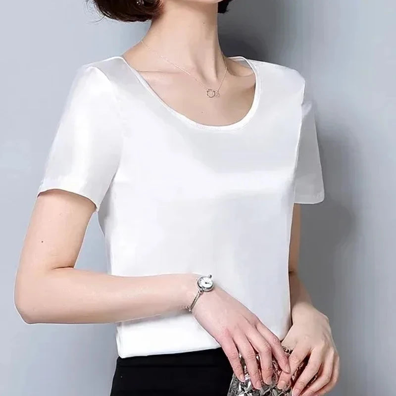 Blusa Satén Mujer Verano - Top Oficina Manga Corta Elegante