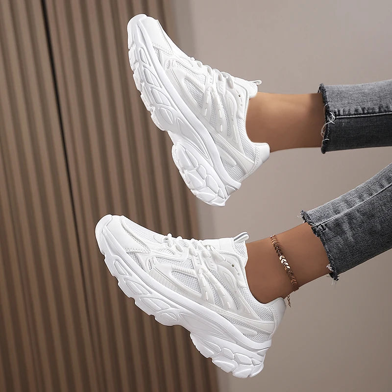 Sneakers Low Top Mujer Blancos - Zapatillas Walking Transpirables Deportivos Suela Gruesa