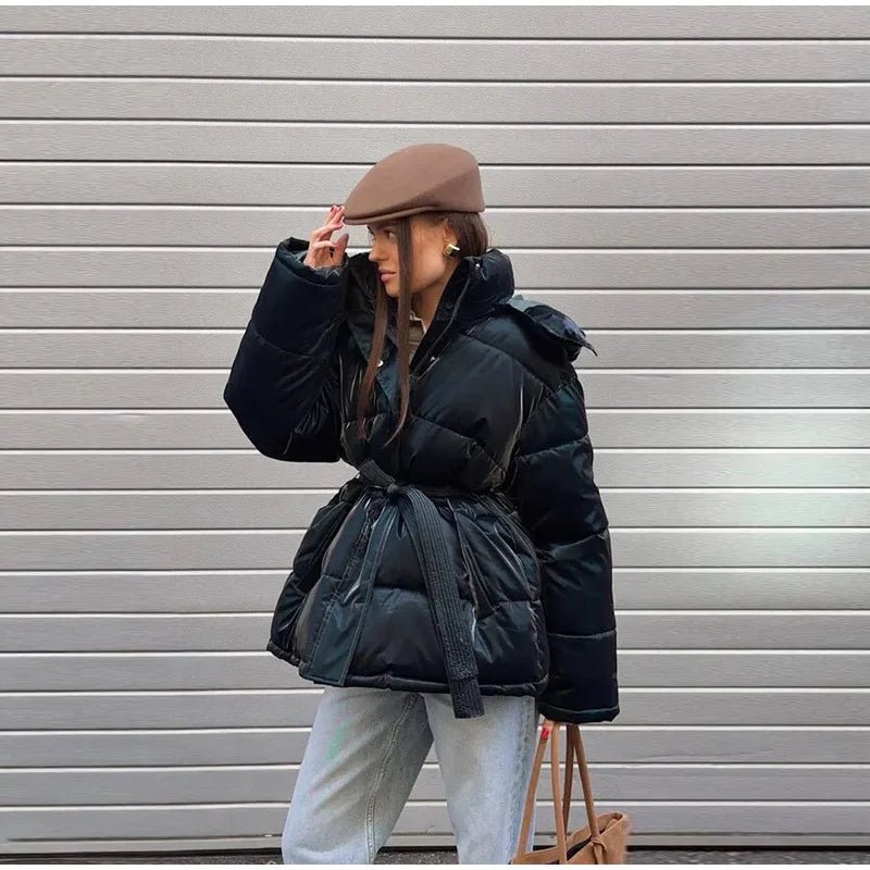 Abrigo Mujer Vintage Brillante - Abrigo Capucha Acolchado Cuello Alto 2025