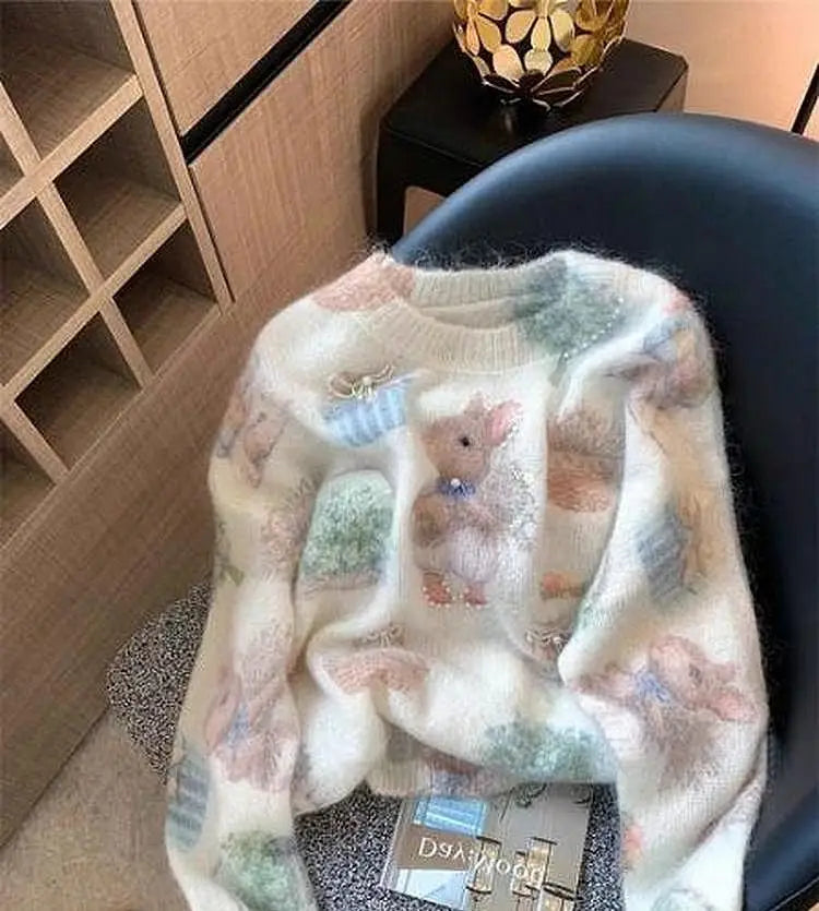 Jersey Mujer Otoño Invierno Estilo Suave - Holgado Versátil Estampado Perlas