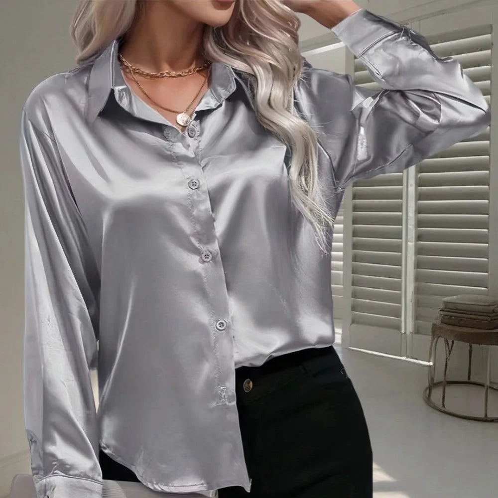 Blusa Satén Mujer Primavera - Camisa Seda Manga Larga Elegante