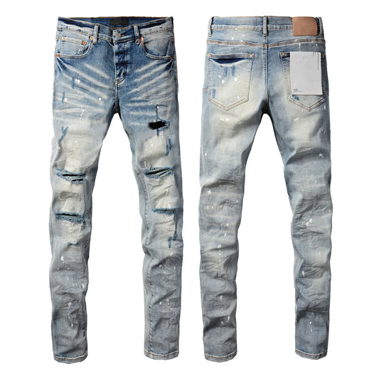 Vaqueros Hombre 2025 High Street Rotos - Jeans Skinny Desgastados Azul Cintura Baja Fashion