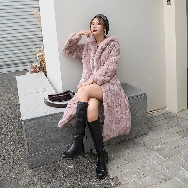 Abrigo Piel Conejo Mujer Capucha - Abrigo Real 110cm Largo Invierno