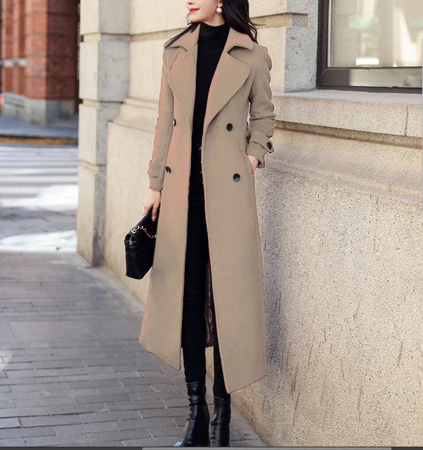 Abrigo Largo Mujer Estilo Coreano - Lana Invierno Negro