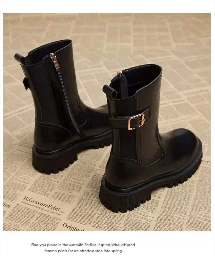 Botines Mujer 2025 Suela Gruesa - Color Sólido Punta Redonda Casual