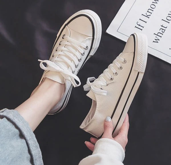 Zapatos Canvas Mujer Blancos - Zapatillas Planas Cordones Primavera 2025