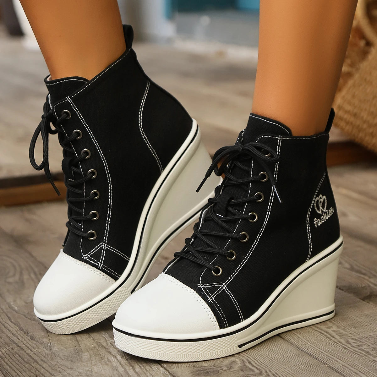 Sneakers High Top Mujer 2024 - Zapatillas Cuña Plataforma Canvas Aumenta Altura