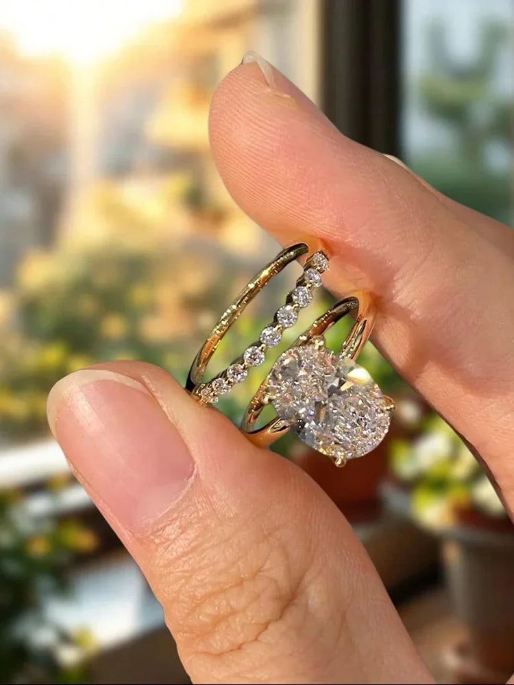 Anillo Plata 925 Oval Circonita - Set Apilable Boda Lujo Mujer