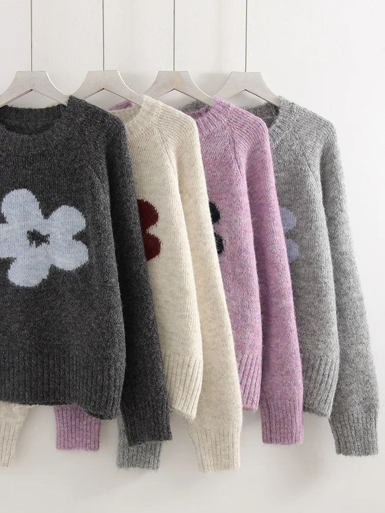 Jersey Mujer Invierno Flores Gris - Punto Holgado Cálido Vintage