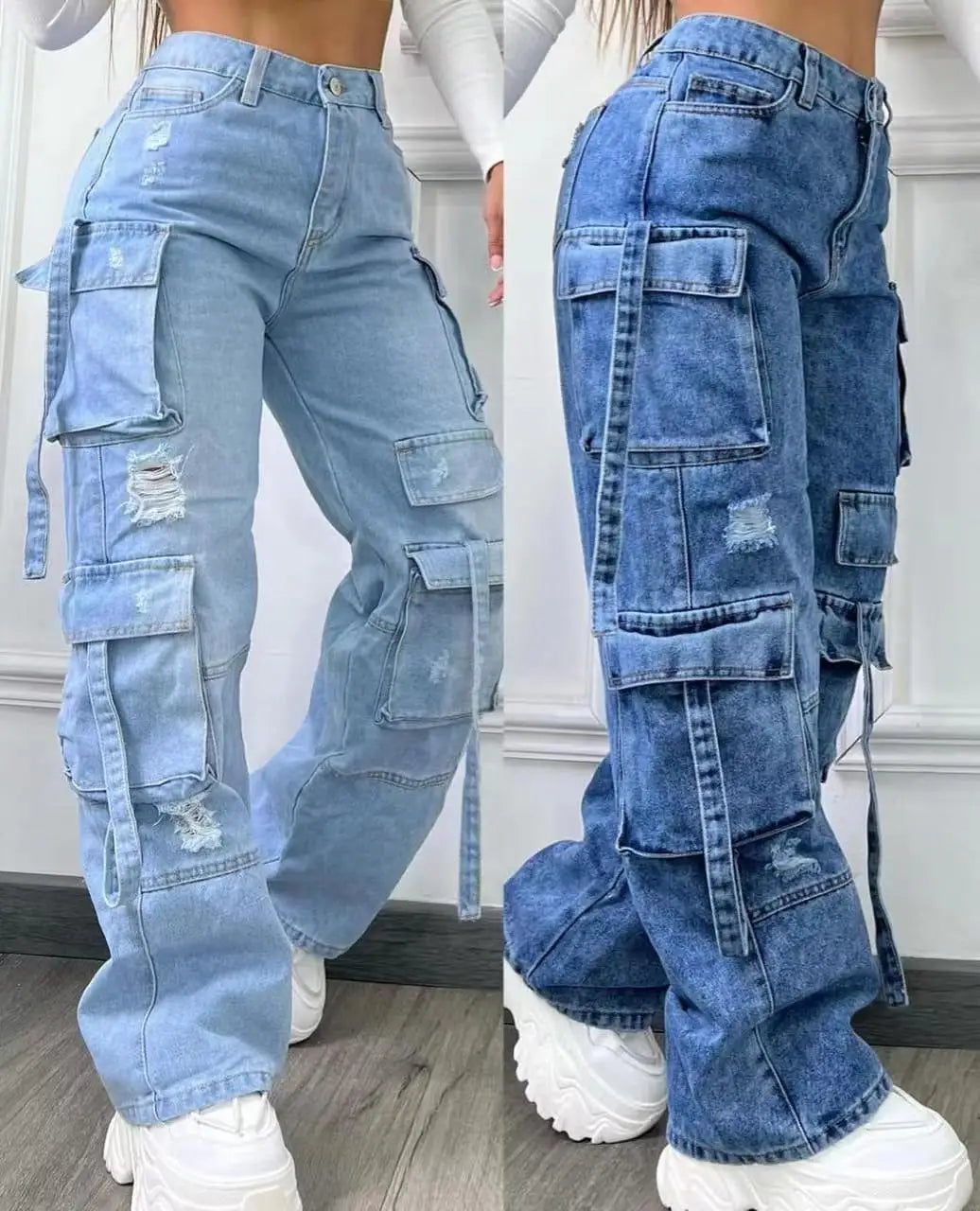 Jeans Cargo Mujer Multibolsillos - Pantalón Cintura Alta 2025