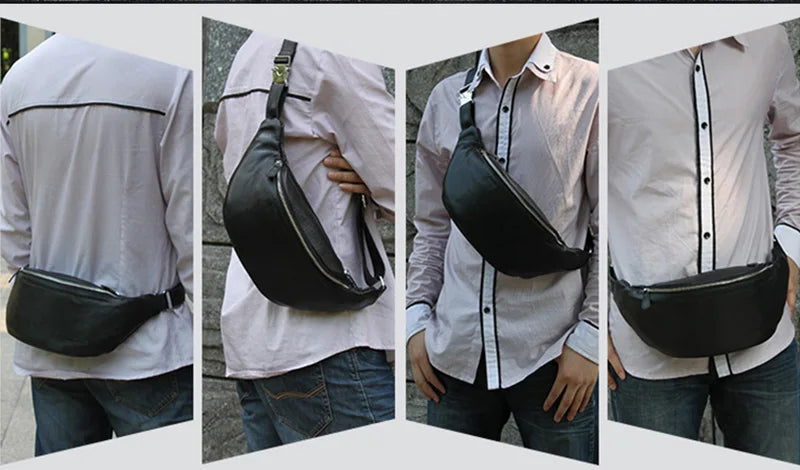 Riñonera Cuero Genuino Hombre - Bolsa Cinturón Móvil Mini Viaje Pecho Crossbody Negra
