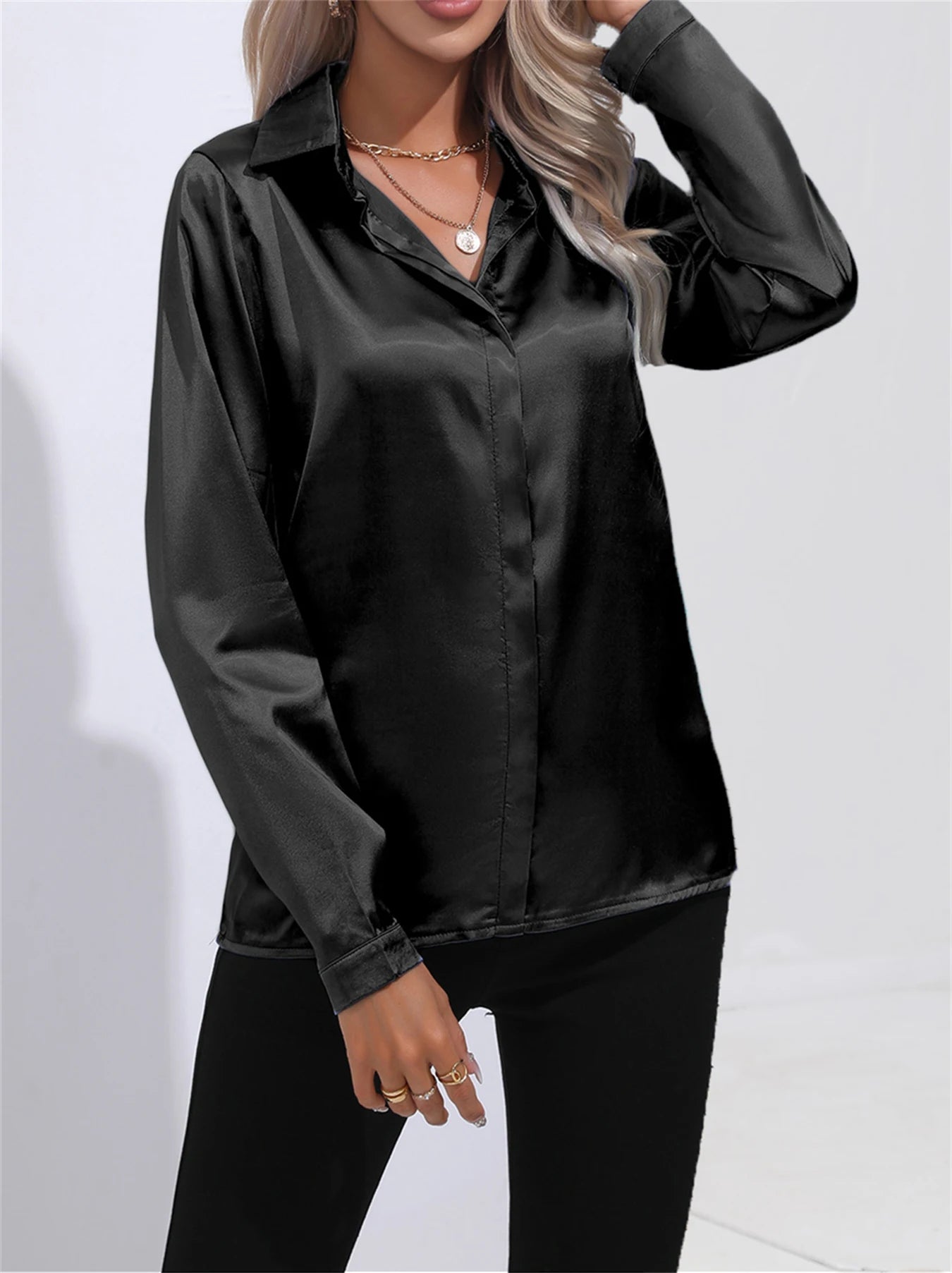 Camisa Satén Mujer Oficina - Blusa Cuello Botón Manga Larga