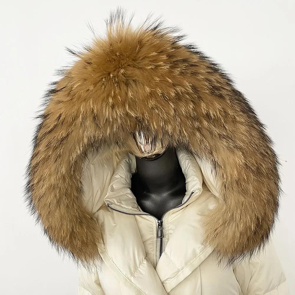 Abrigo Mujer Plumas Pato Piel Mapache - Chaqueta Larga Invierno Lujo