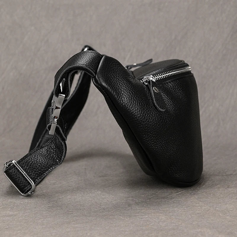 Riñonera Cuero Genuino Hombre - Bolsa Cinturón Móvil Mini Viaje Pecho Crossbody Negra