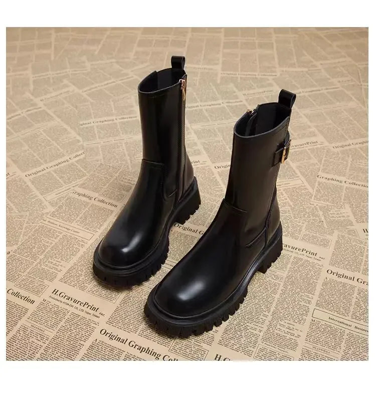 Botines Mujer 2025 Suela Gruesa - Color Sólido Punta Redonda Casual