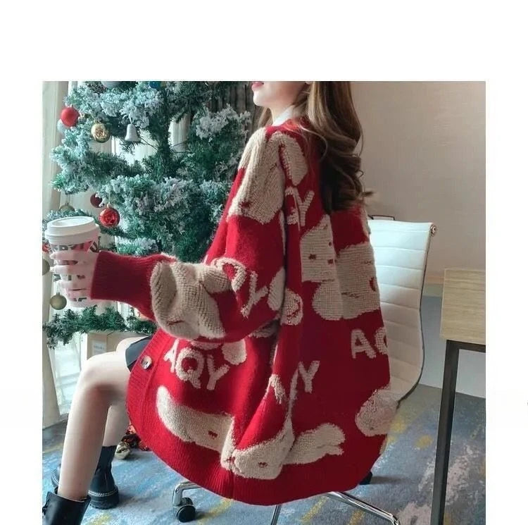 Cárdigan Mujer Navidad Punto Dibujos - Holgado Cuello V Manga Larga Vintage