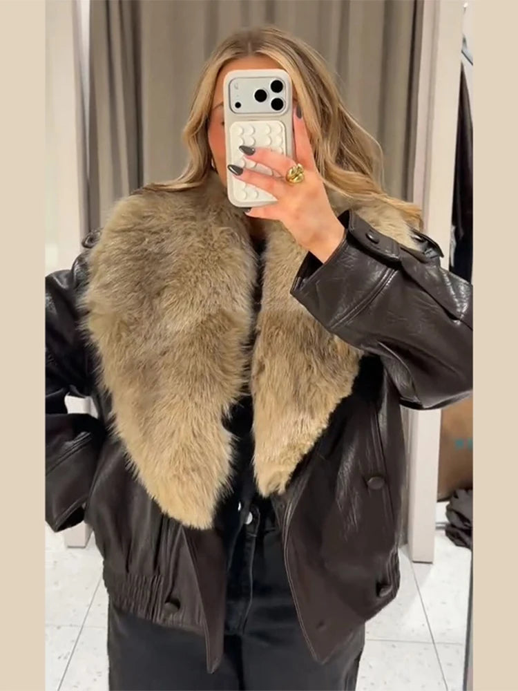 Chaqueta Mujer Elegante PU Piel - Chaqueta Solapa Doble Botón 2025