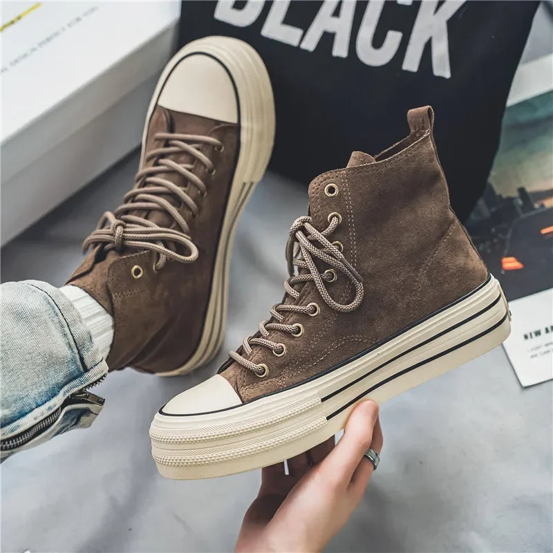 Sneakers Hombre Ante High-Top - Casual Vintage Marrón Botines Tobillo Suela Gruesa Tendencia Cordones