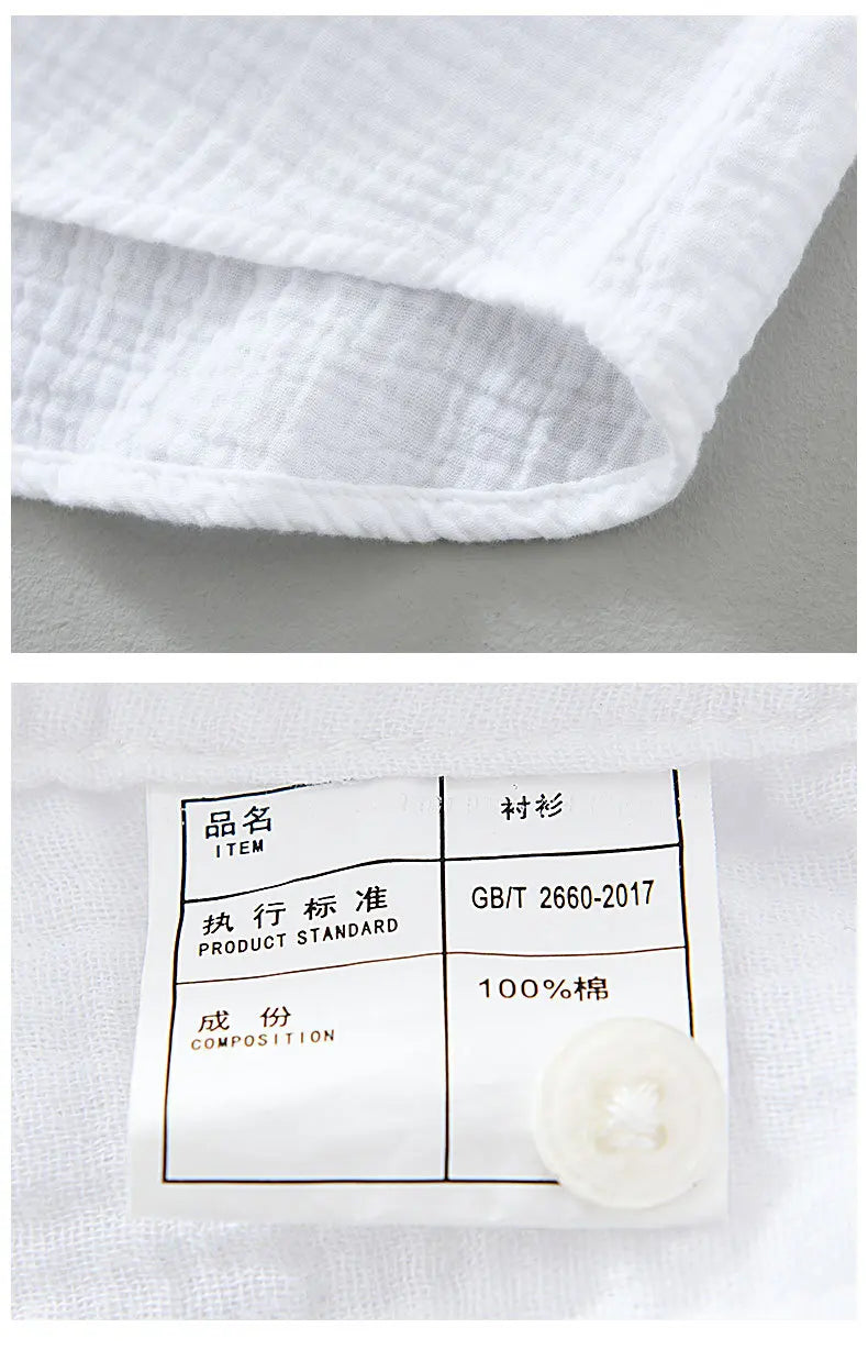 Camisa Hombre Gasa Doble Algodón - Casual Arrugada Manga Larga Suave Transpirable Cuello Cuadrado