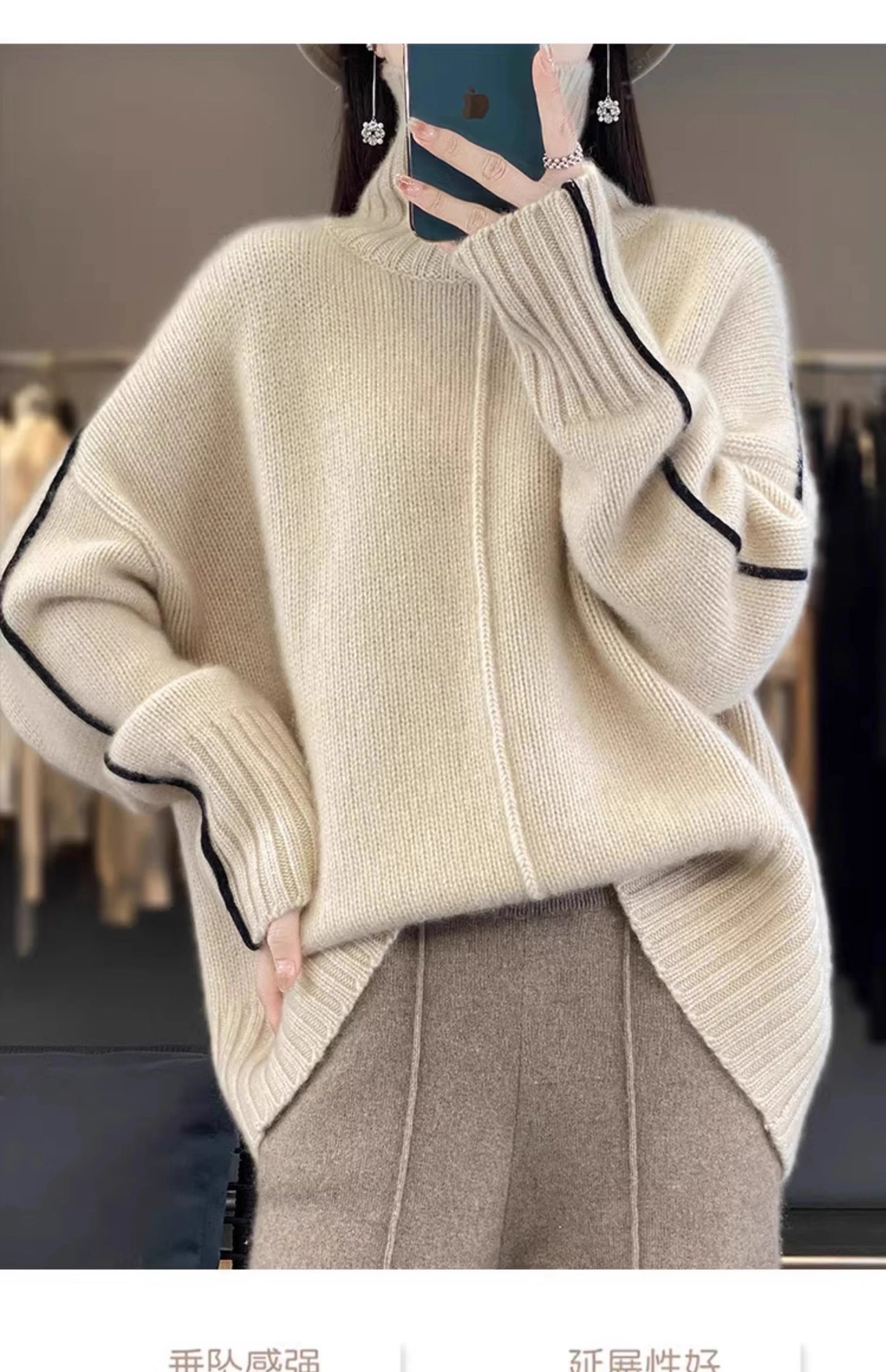 Jersey Mujer Cashmere 100% Cuello Alto - Holgado Grueso Invierno Lujo