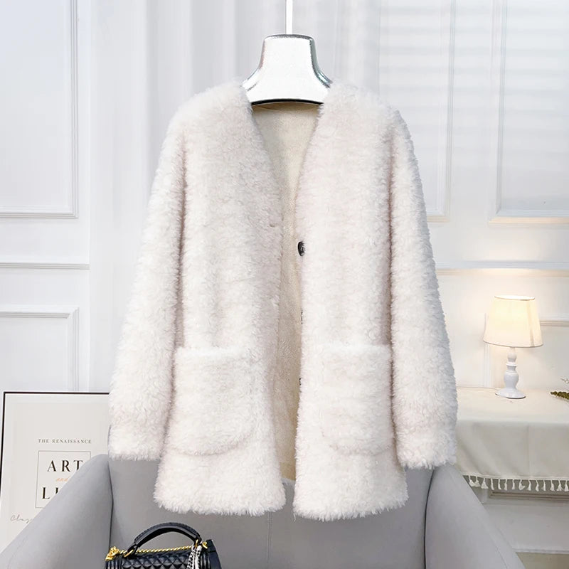 Chaqueta Lana Mujer Natural - Chaqueta Cordero Cuello V Media Largo 2025