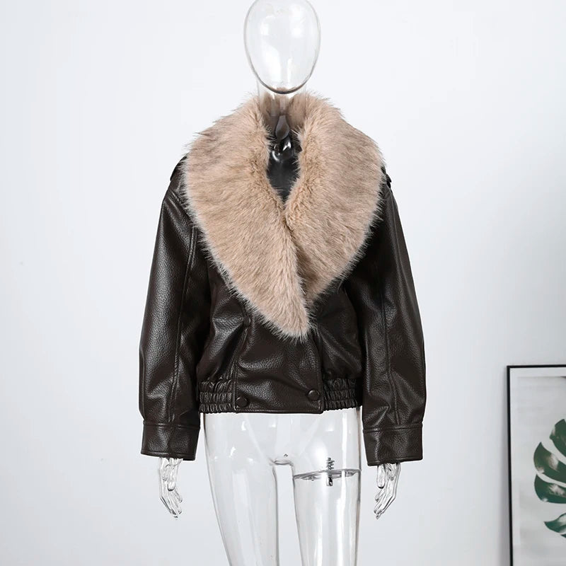 Chaqueta Mujer Elegante PU Piel - Chaqueta Solapa Doble Botón 2025