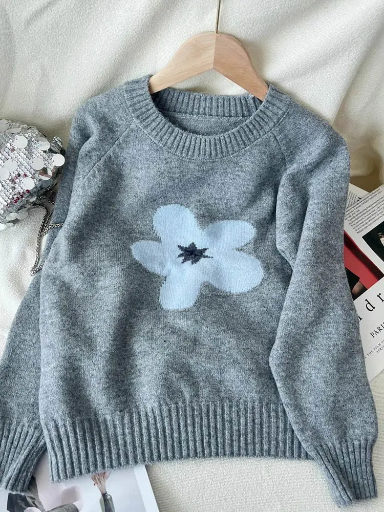 Jersey Mujer Invierno Flores Gris - Punto Holgado Cálido Vintage