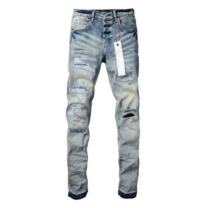 Vaqueros Hombre 2025 High Street Rotos - Jeans Skinny Desgastados Azul Cintura Baja Fashion