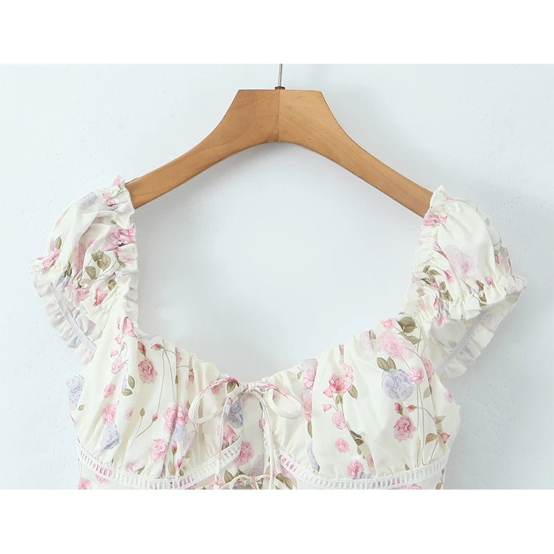 Top Crop Mujer Francés Floral - Top Cordones Cuello V Manga Corta Verano