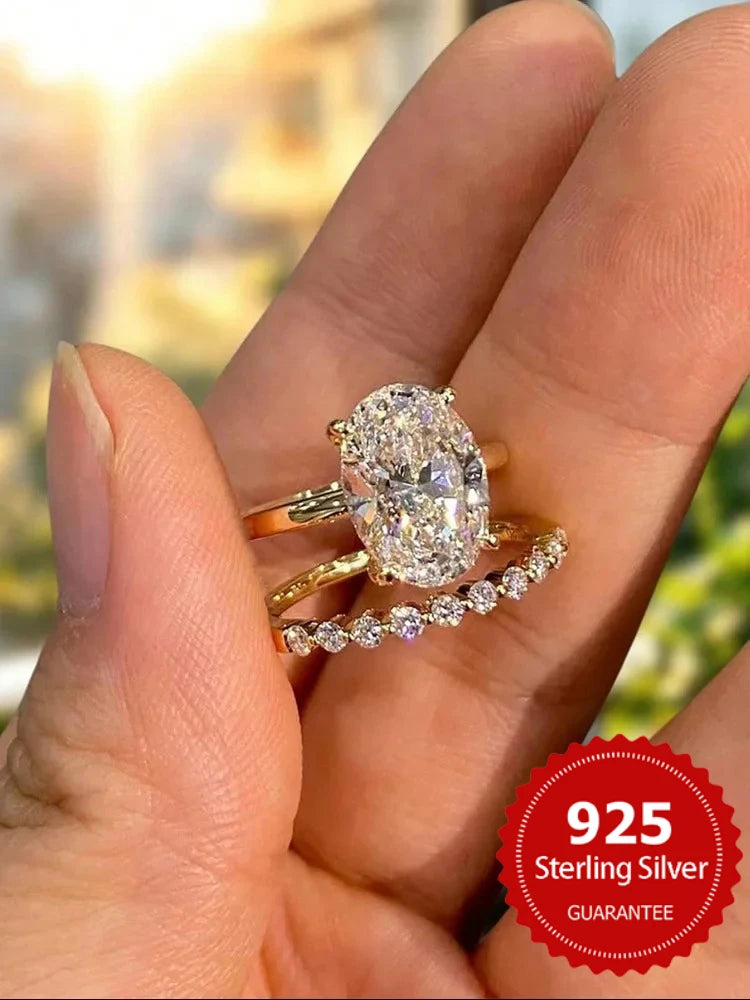 Anillo Plata 925 Oval Circonita - Set Apilable Boda Lujo Mujer