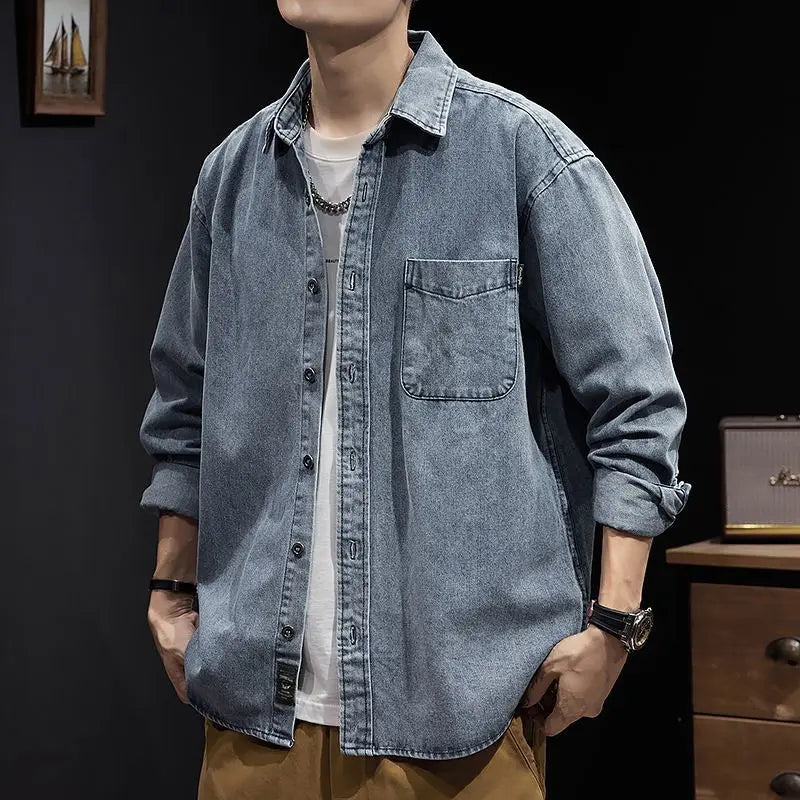 Camisa Denim Hombre Retro Trabajo - Casual Chaqueta Primavera Otoño Azul Manga Larga