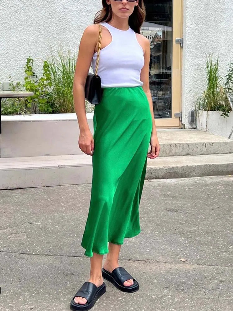 Falda Satén Mujer Púrpura Elegante - Falda Línea A Cintura Alta Fashion 2025