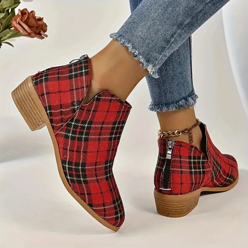 Botas Tobillo Mujer Navidad Cuadros - Chelsea Retro Rojo Plataforma