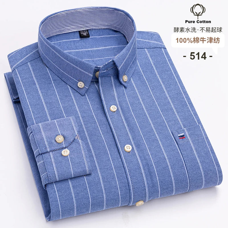 Camisa Hombre Oxford 100% Algodón - Manga Larga Rayas Bolsillo Formal Tallas Grandes