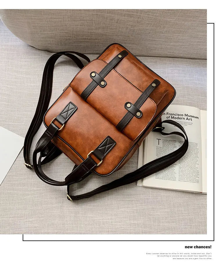 Mochila Cuero Juvenil Unisex - Alta Calidad Adolescentes Escolar Hombro Satchel Color Sólido