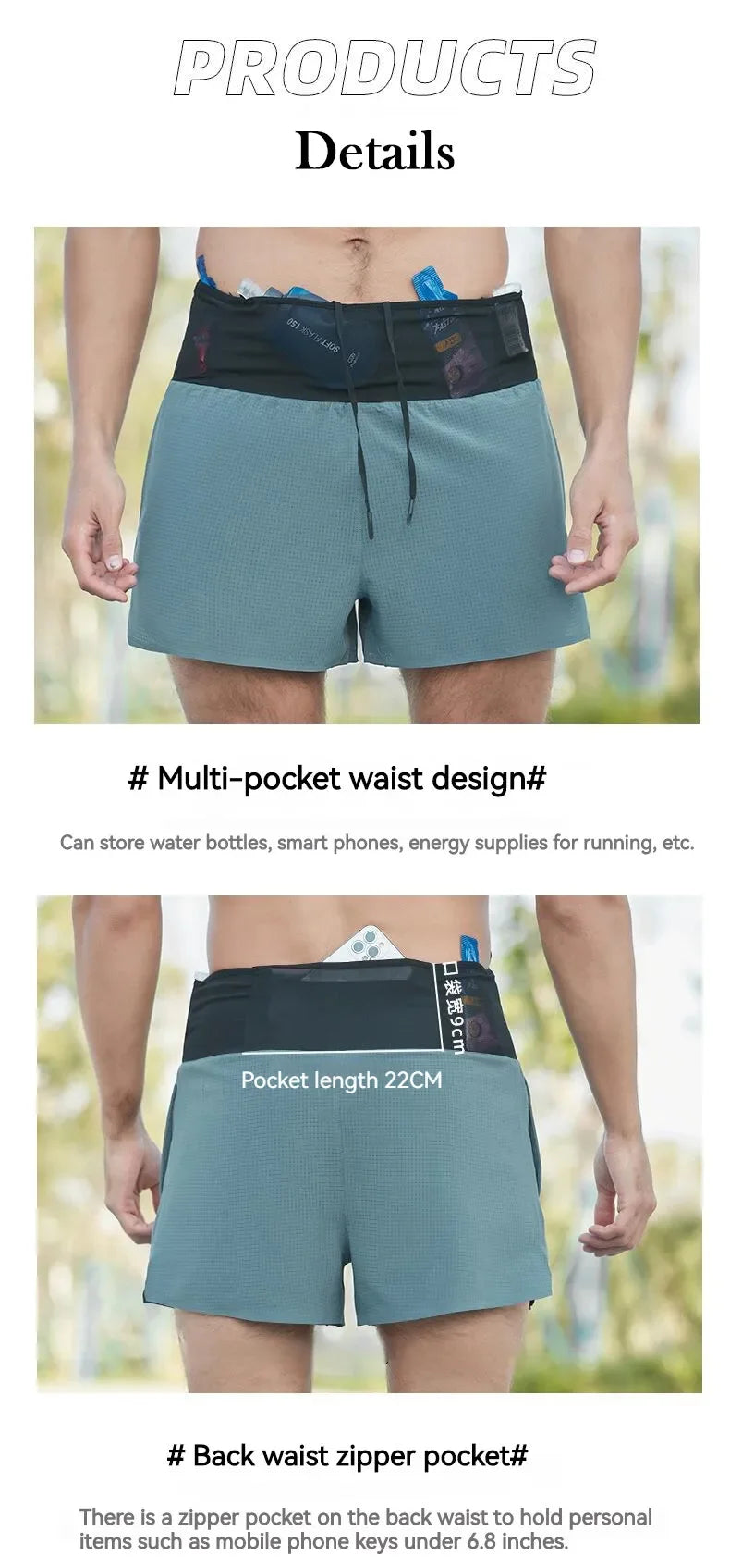 Shorts Running Hombre 2 en 1 Marathon - Pantalones Secado Rápido Multi-Bolsillos Riñonera