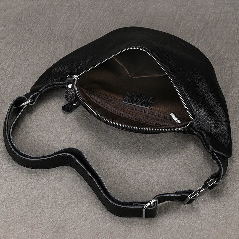 Riñonera Cuero Genuino Hombre - Bolsa Cinturón Móvil Mini Viaje Pecho Crossbody Negra