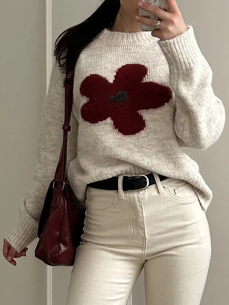 Jersey Mujer Invierno Flores Gris - Punto Holgado Cálido Vintage