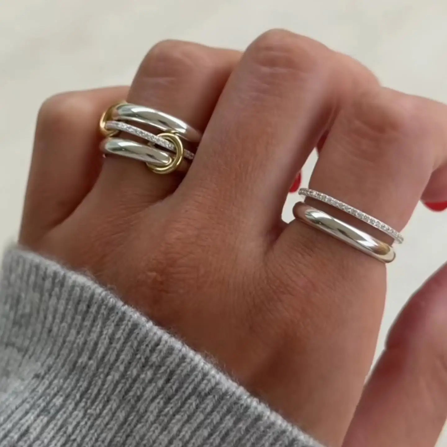 Set 3 Anillos Apilables Entrelazados - Acero Inoxidable Circonita Plata