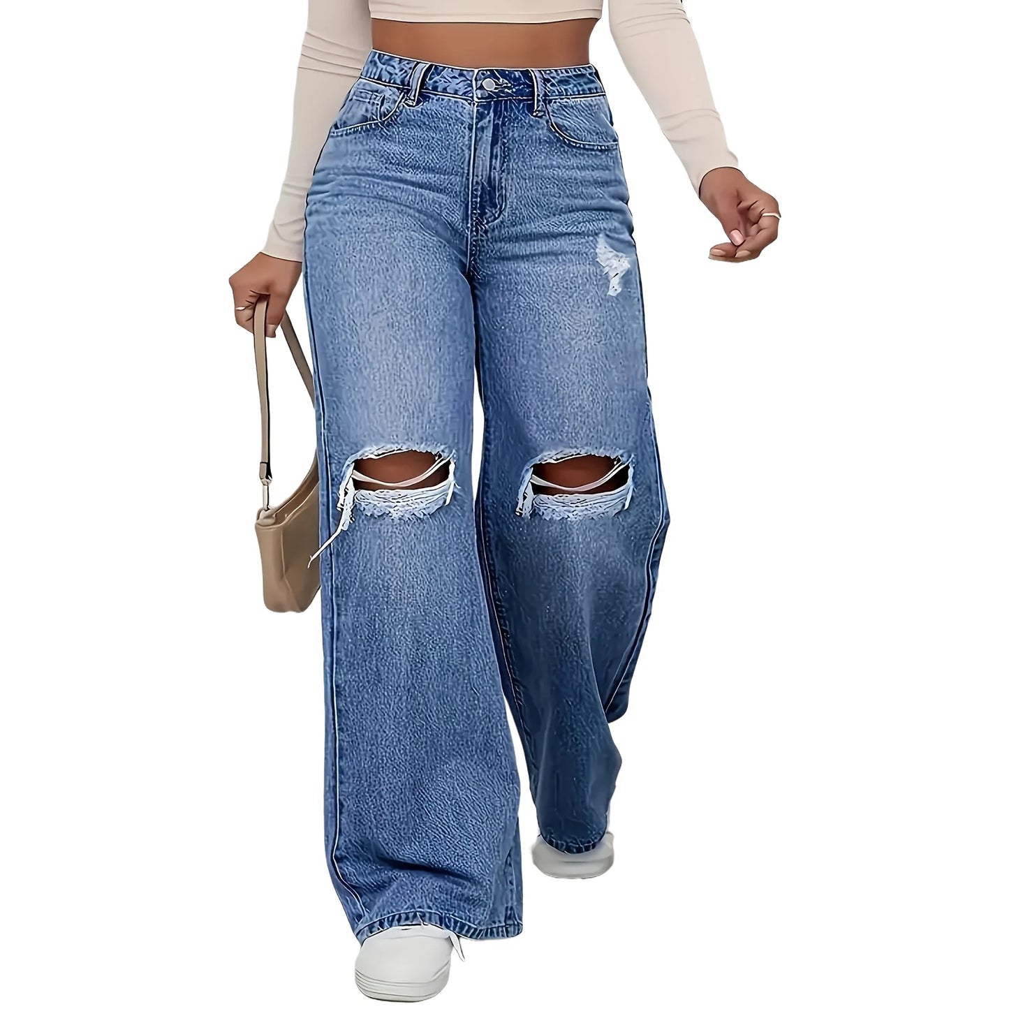 Vaqueros Mujer Pierna Recta Rotos - Jeans Cintura Alta Casual