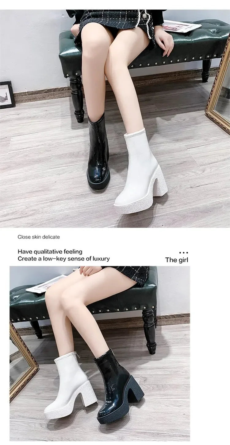 Botas Tobillo Mujer 2025 Plataforma - Cuero Tacón Alto Diseñador Goth