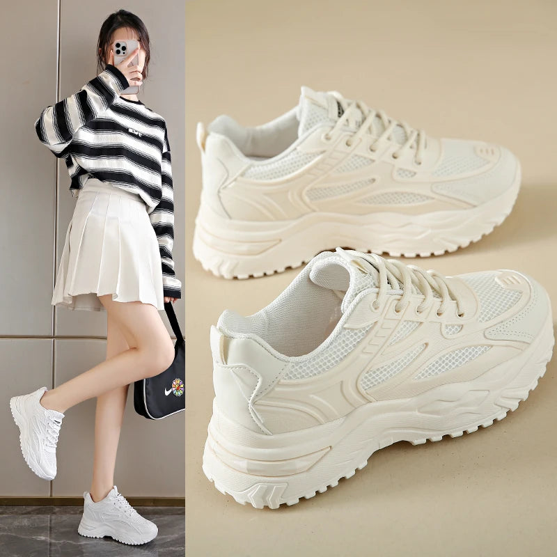 Sneakers Chunky Blancos Mujer 2024 - Zapatillas Piel Plataforma Gruesa