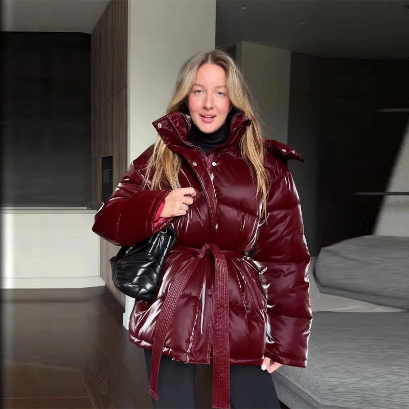 Abrigo Mujer Vintage Brillante - Abrigo Capucha Acolchado Cuello Alto 2025