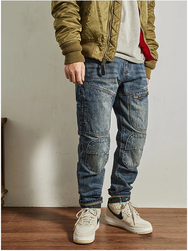 Vaqueros Moto Vintage Americanos - Jeans Cargo Parches Pesados Estilo Retro